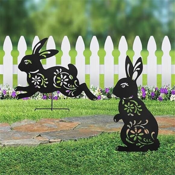 Outdoor Bunny Garden Decor,Set of 2 Metal Rabbit Yard Stakes,Easter Silhouette - Picture 7 of 7